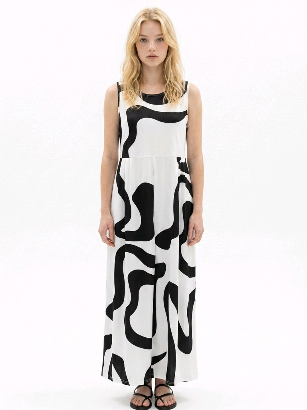 Abstract Black & White Jump Suit XL- Sleeveless Modern Print Wide Leg